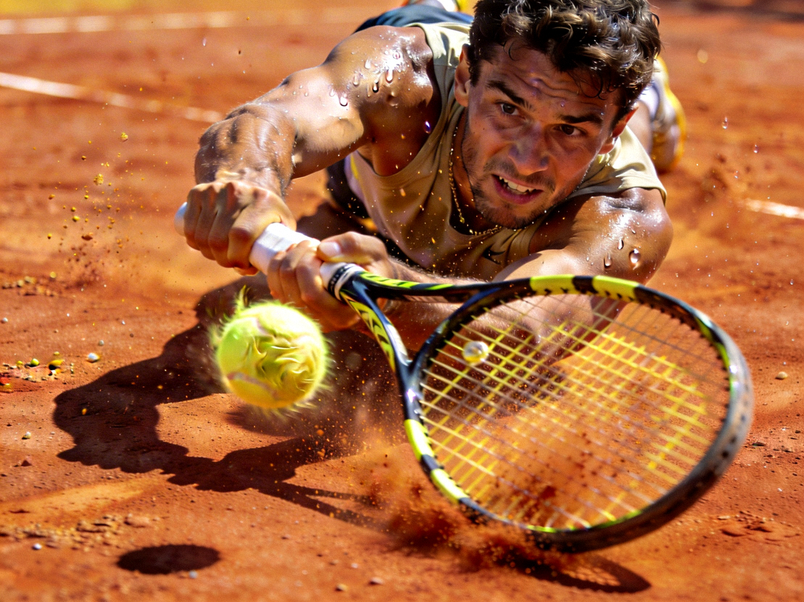 男子网球选手在红土场地上挥拍击球的瞬间特写